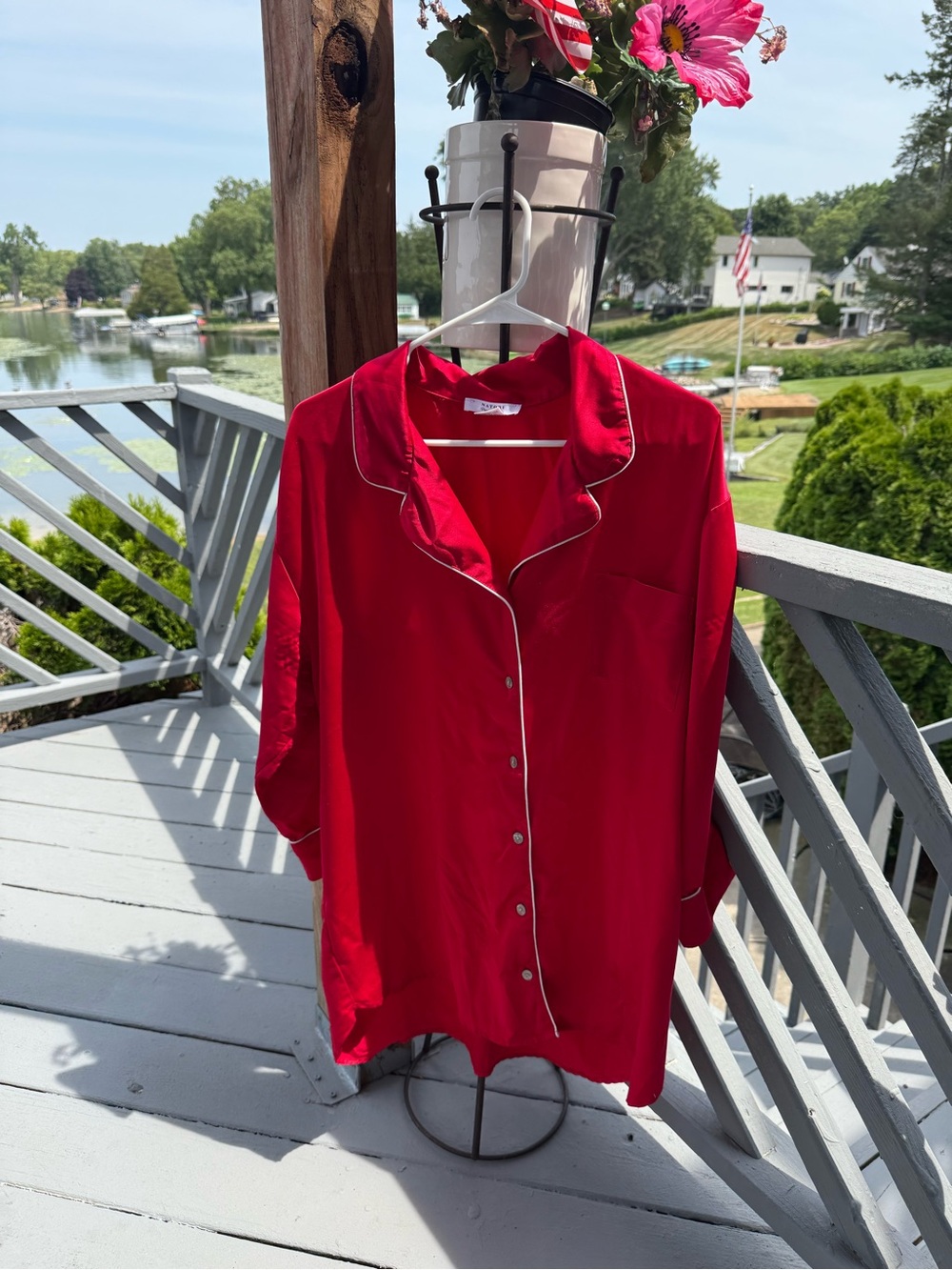 Red Satin Button-Up Pajama Top with White Piping size L pre-owned with gift